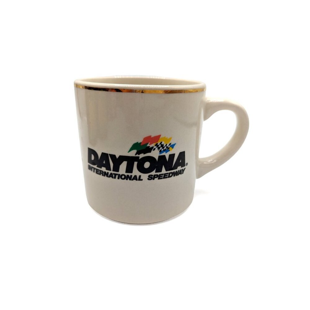 Vtg Daytona International Speedway NASCAR Ceramic Gold Rim Coffee Mug 3 3/4"